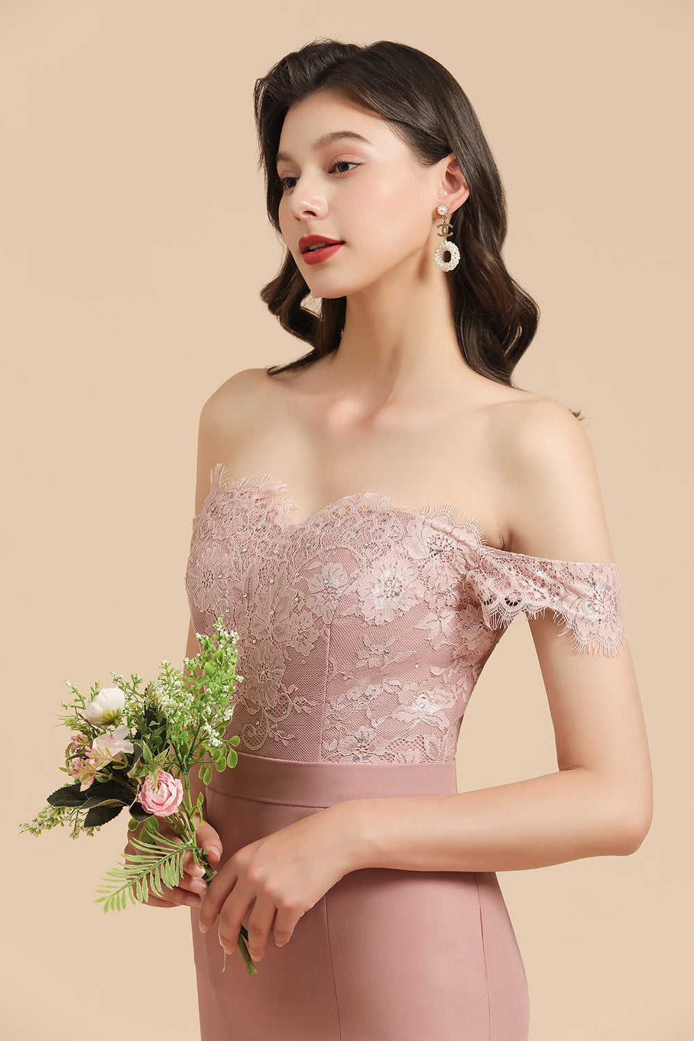 Dusty Rose Mermaid Off The Shoulder Lace Long Bridesmaid Dress