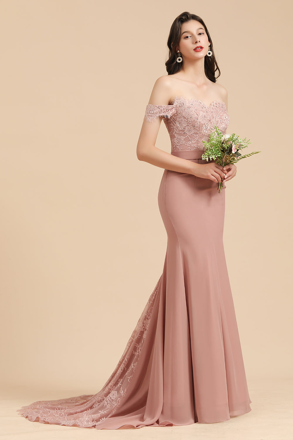 Dusty Rose Mermaid Off The Shoulder Lace Long Bridesmaid Dress