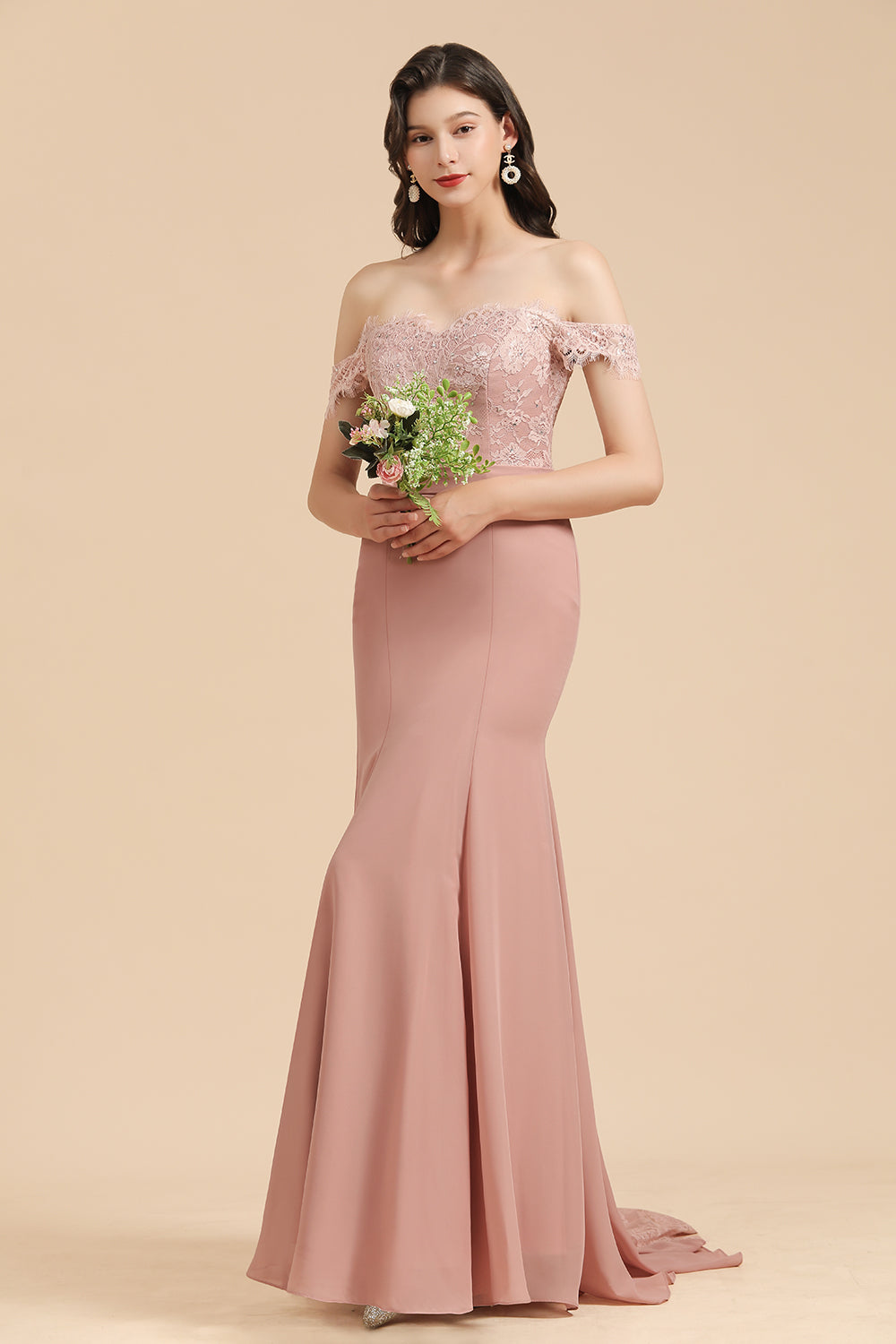 Dusty Rose Mermaid Off The Shoulder Lace Long Bridesmaid Dress