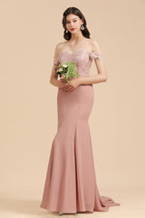 Dusty Rose Mermaid Off The Shoulder Lace Long Bridesmaid Dress