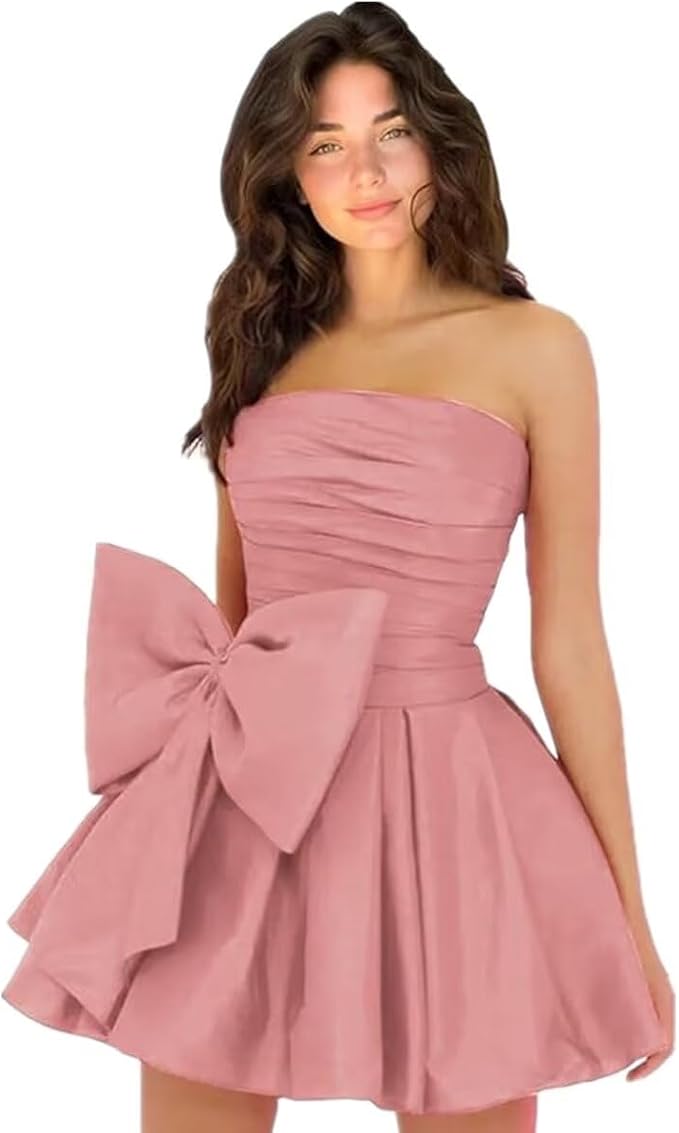Chic Short A-line Sleeveless Strapless Ruched Lace Up Homecoming Dresses with Bow