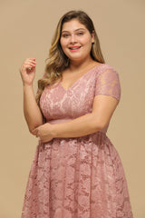 V Neck A Line Tea Length Floral Lace Wedding Guest Dress with Sleeves