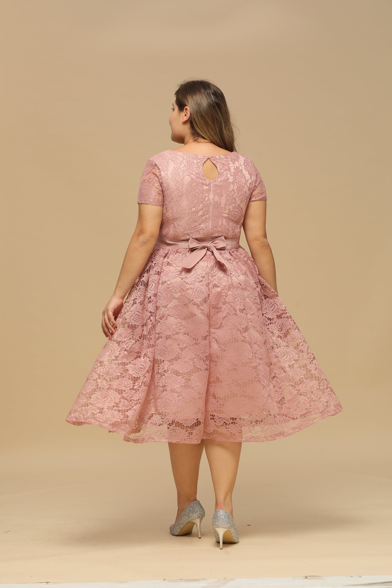 V Neck A Line Tea Length Floral Lace Wedding Guest Dress with Sleeves