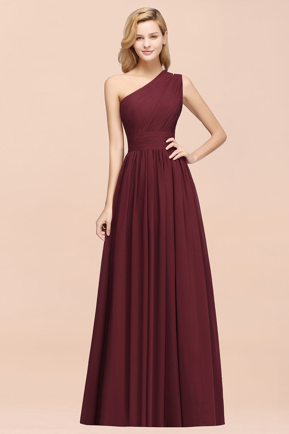 Elegant A-Line Burgundy Chiffon One Shoulder Bridesmaid Dresses