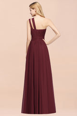 Elegant A-Line Burgundy Chiffon One Shoulder Bridesmaid Dresses
