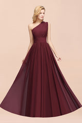 Elegant A-Line Burgundy Chiffon One Shoulder Bridesmaid Dresses