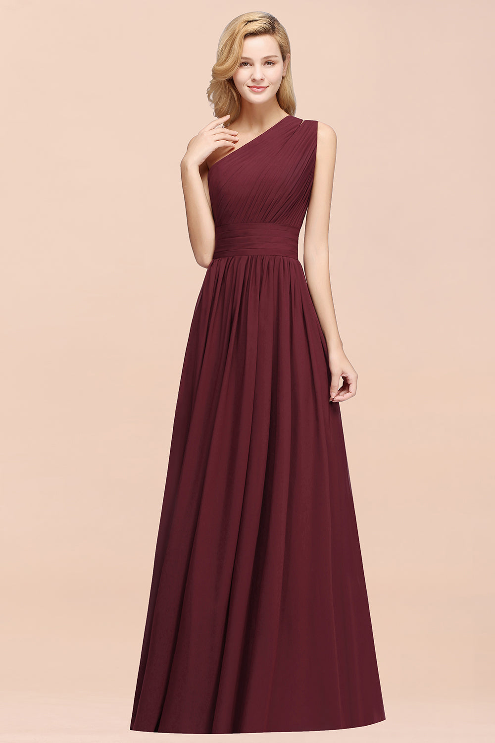 Elegant A-Line Burgundy Chiffon One Shoulder Bridesmaid Dresses
