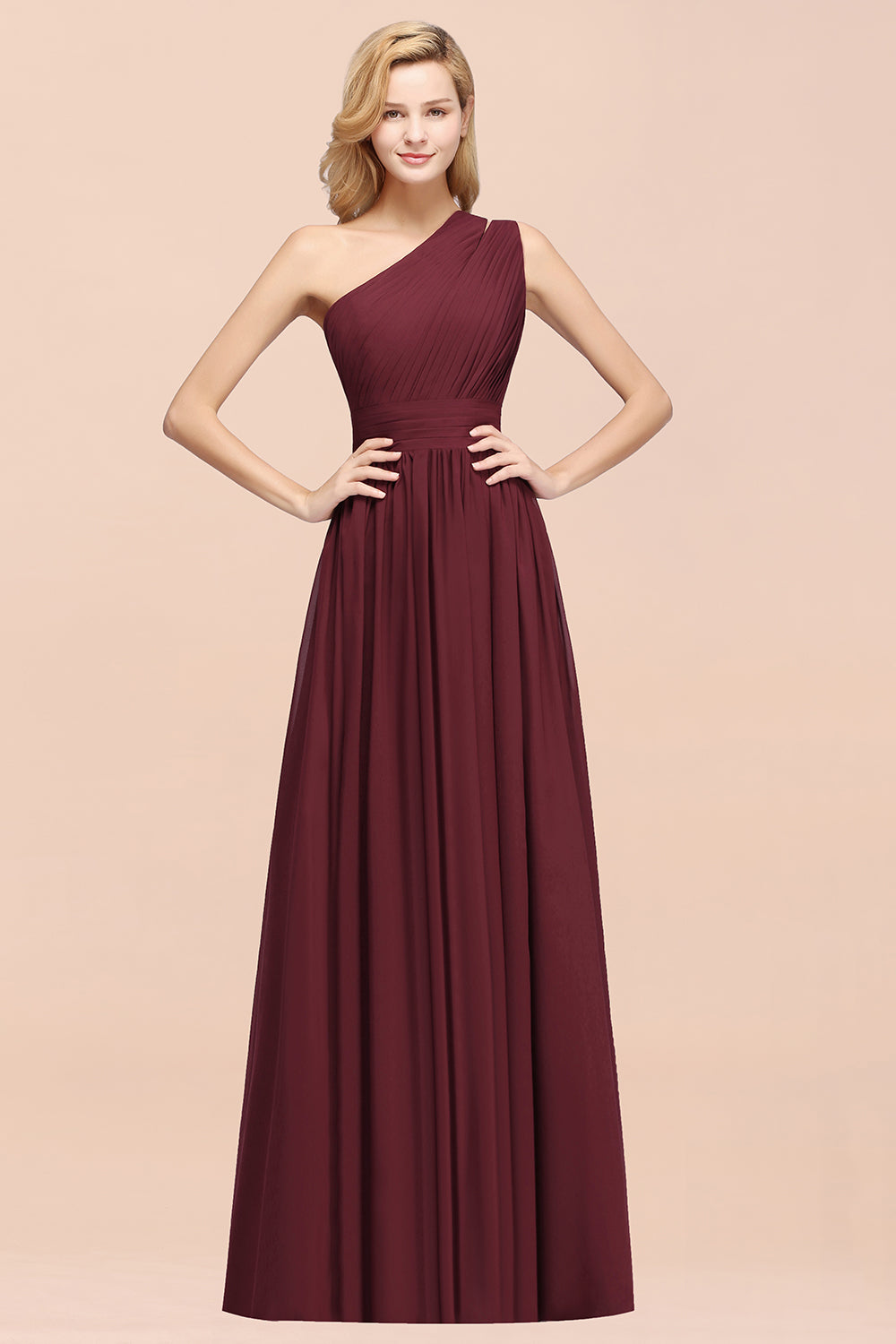 Elegant A-Line Burgundy Chiffon One Shoulder Bridesmaid Dresses