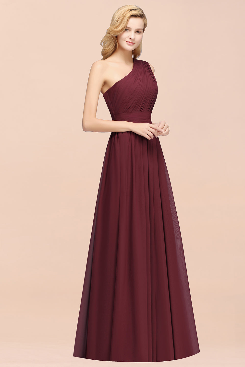 Elegant A-Line Burgundy Chiffon One Shoulder Bridesmaid Dresses