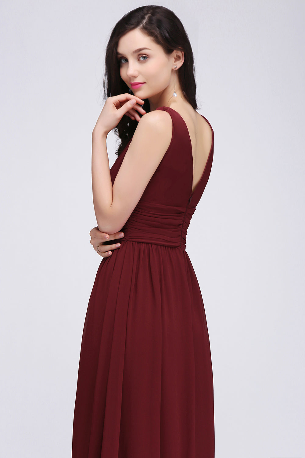 Elegant A-Line Chiffon V-Neck Sleeveless Ruffles Floor Length Bridesmaid Dresses