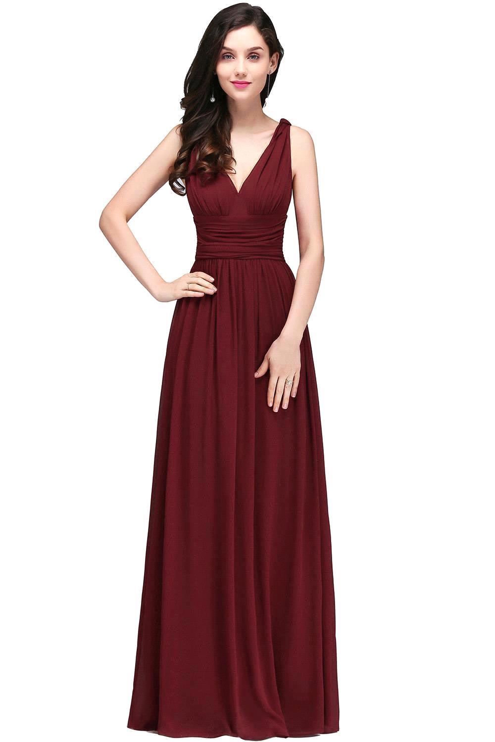 Elegant A-Line Chiffon V-Neck Sleeveless Ruffles Floor Length Bridesmaid Dresses