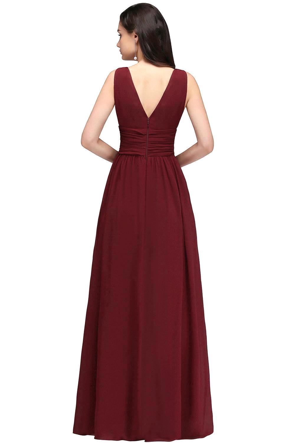 Elegant A-Line Chiffon V-Neck Sleeveless Ruffles Floor Length Bridesmaid Dresses