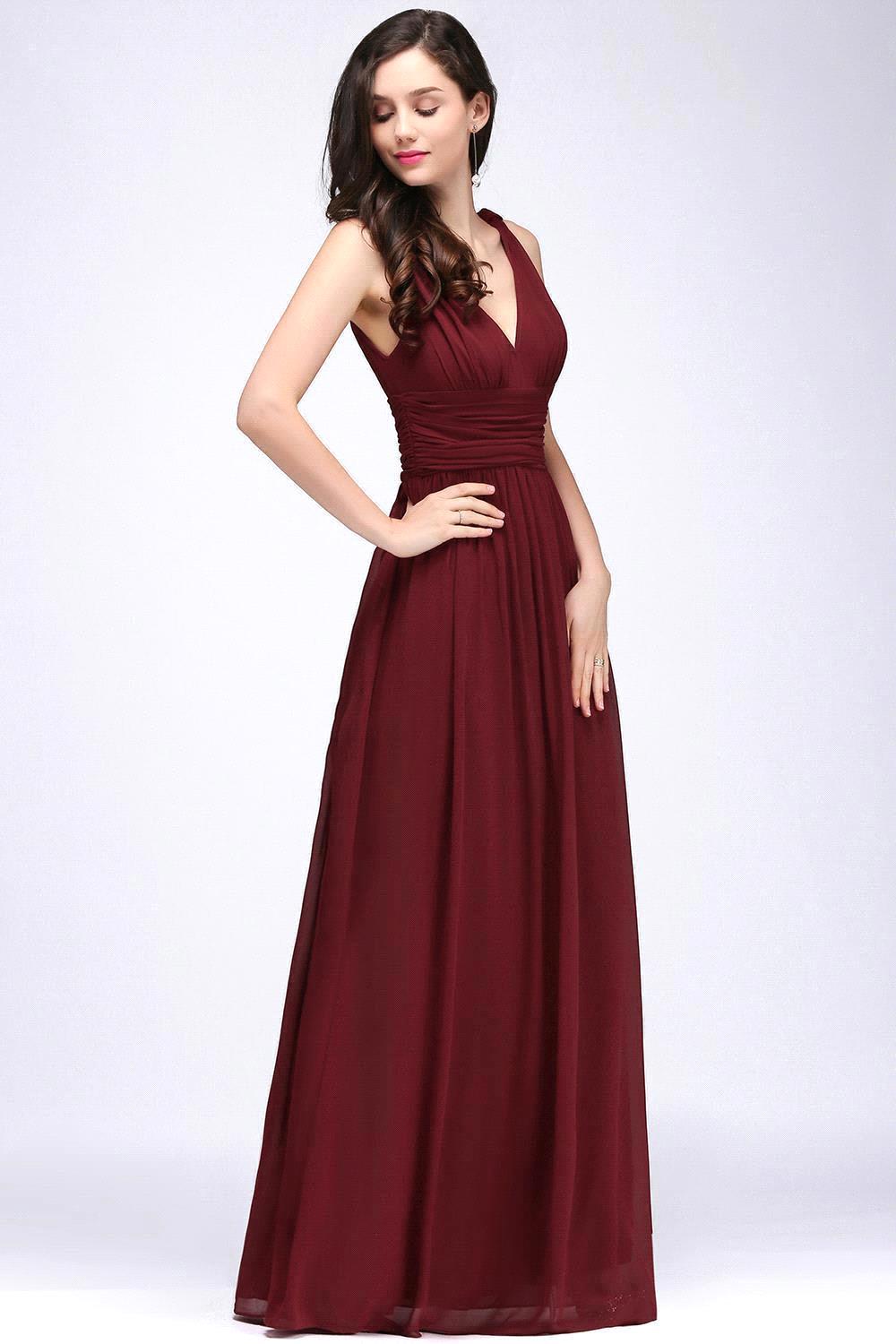 Elegant A-Line Chiffon V-Neck Sleeveless Ruffles Floor Length Bridesmaid Dresses