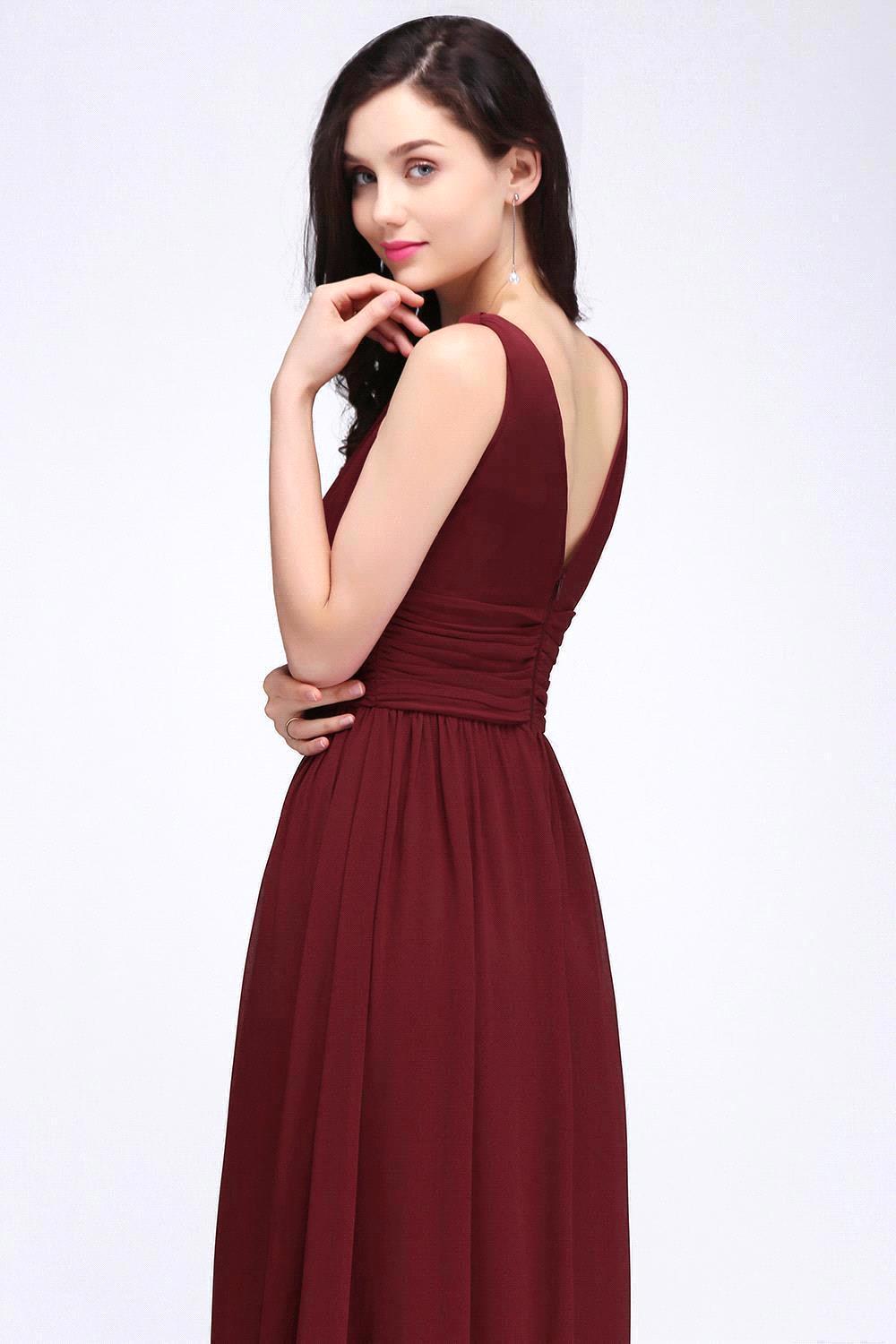 Elegant A-Line Chiffon V-Neck Sleeveless Ruffles Floor Length Bridesmaid Dresses