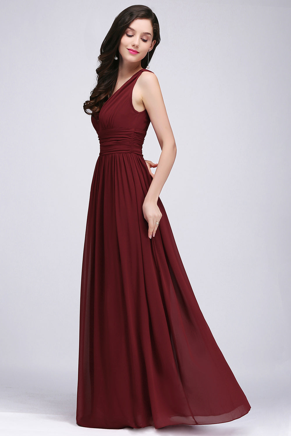 Elegant A-Line Chiffon V-Neck Sleeveless Ruffles Floor Length Bridesmaid Dresses
