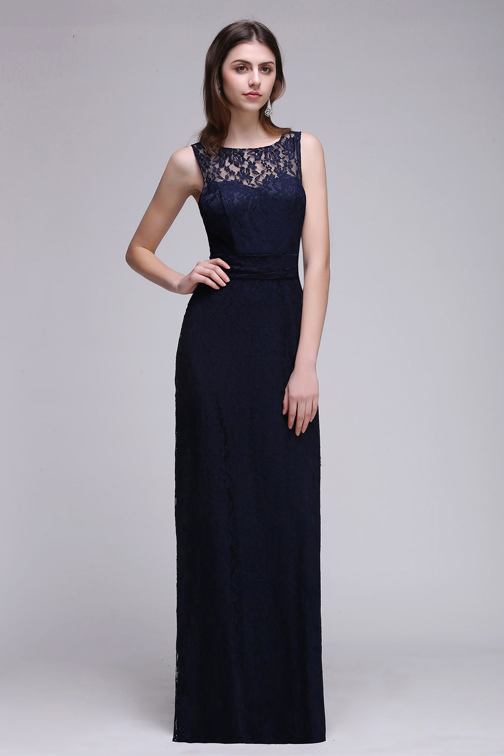 Elegant A-Line Lace Scoop Sleeveless Hollow-Back Floor Length Bridesmaid Dress