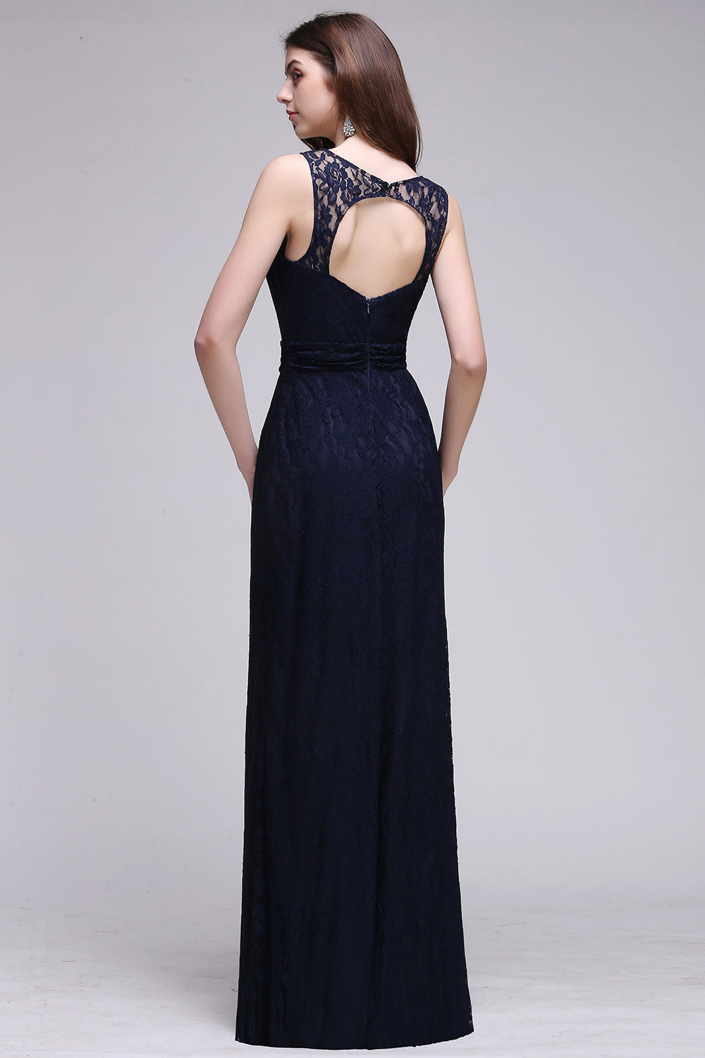Elegant A-Line Lace Scoop Sleeveless Hollow-Back Floor Length Bridesmaid Dress