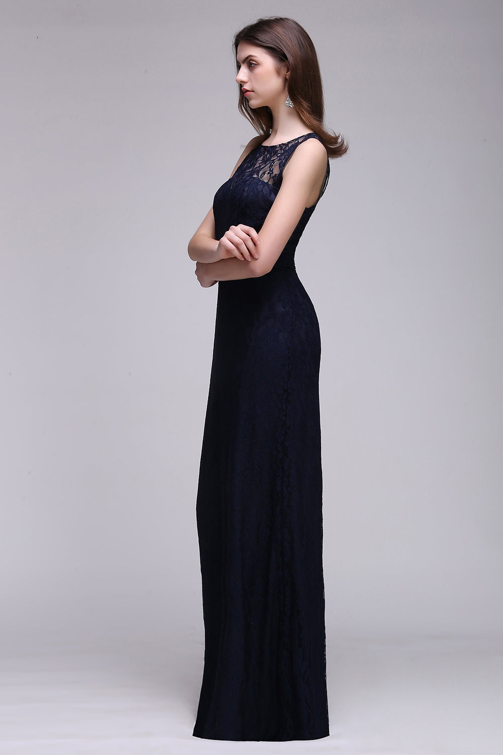 Elegant A-Line Lace Scoop Sleeveless Hollow-Back Floor Length Bridesmaid Dress