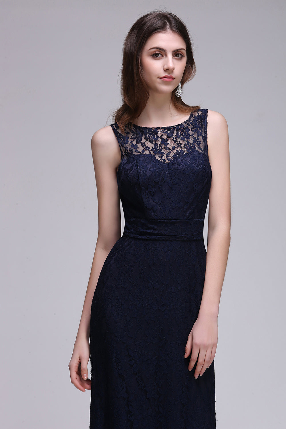 Elegant A-Line Lace Scoop Sleeveless Hollow-Back Floor Length Bridesmaid Dress