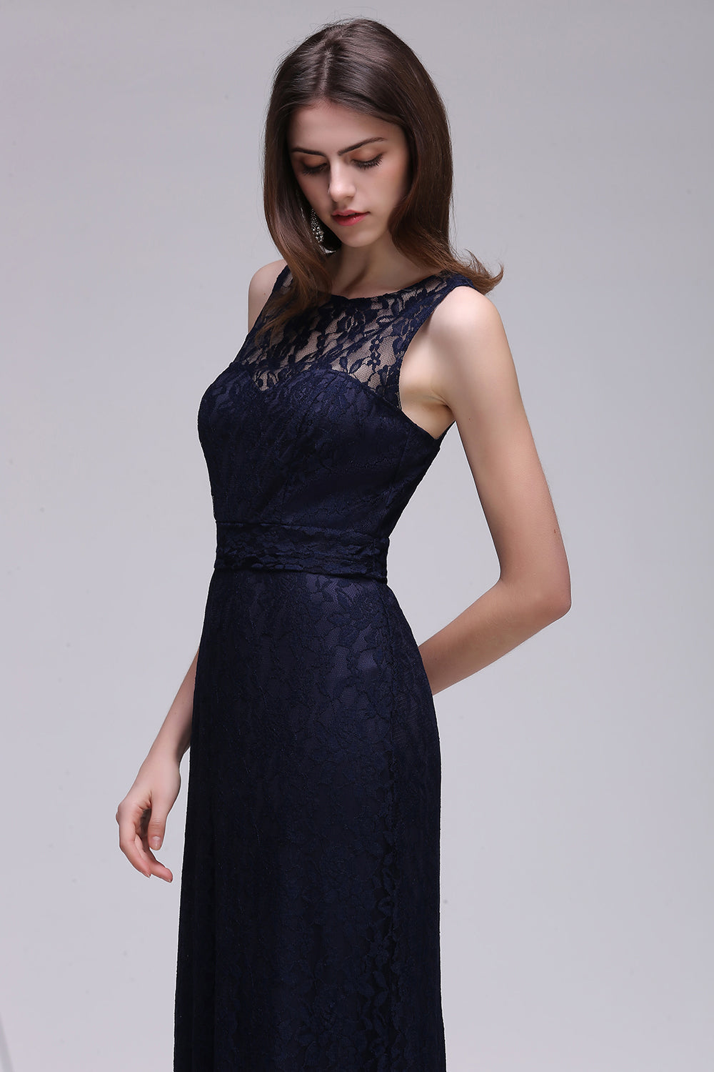 Elegant A-Line Lace Scoop Sleeveless Hollow-Back Floor Length Bridesmaid Dress