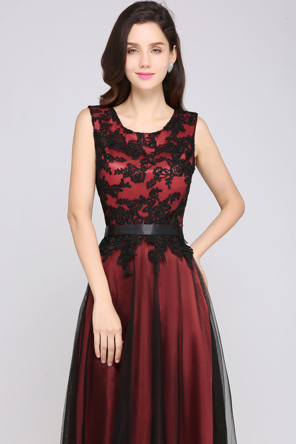 Elegant A-Line Tulle Lace Sleeveless Floor Length Bridesmaid Dress with Sash