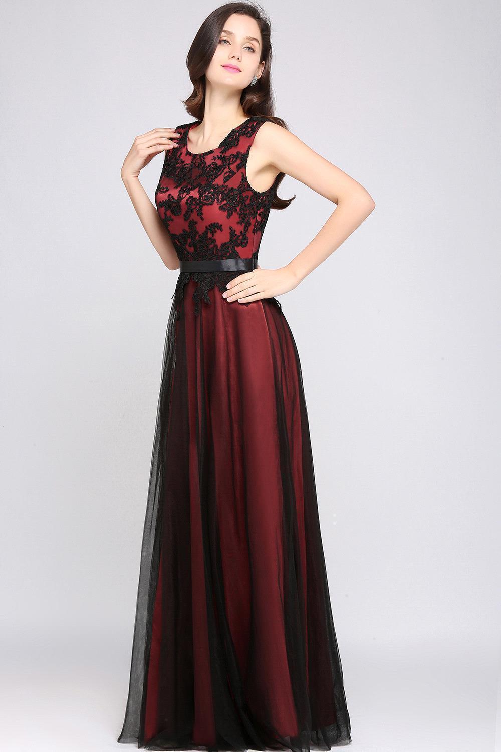 Elegant A-Line Tulle Lace Sleeveless Floor Length Bridesmaid Dress with Sash