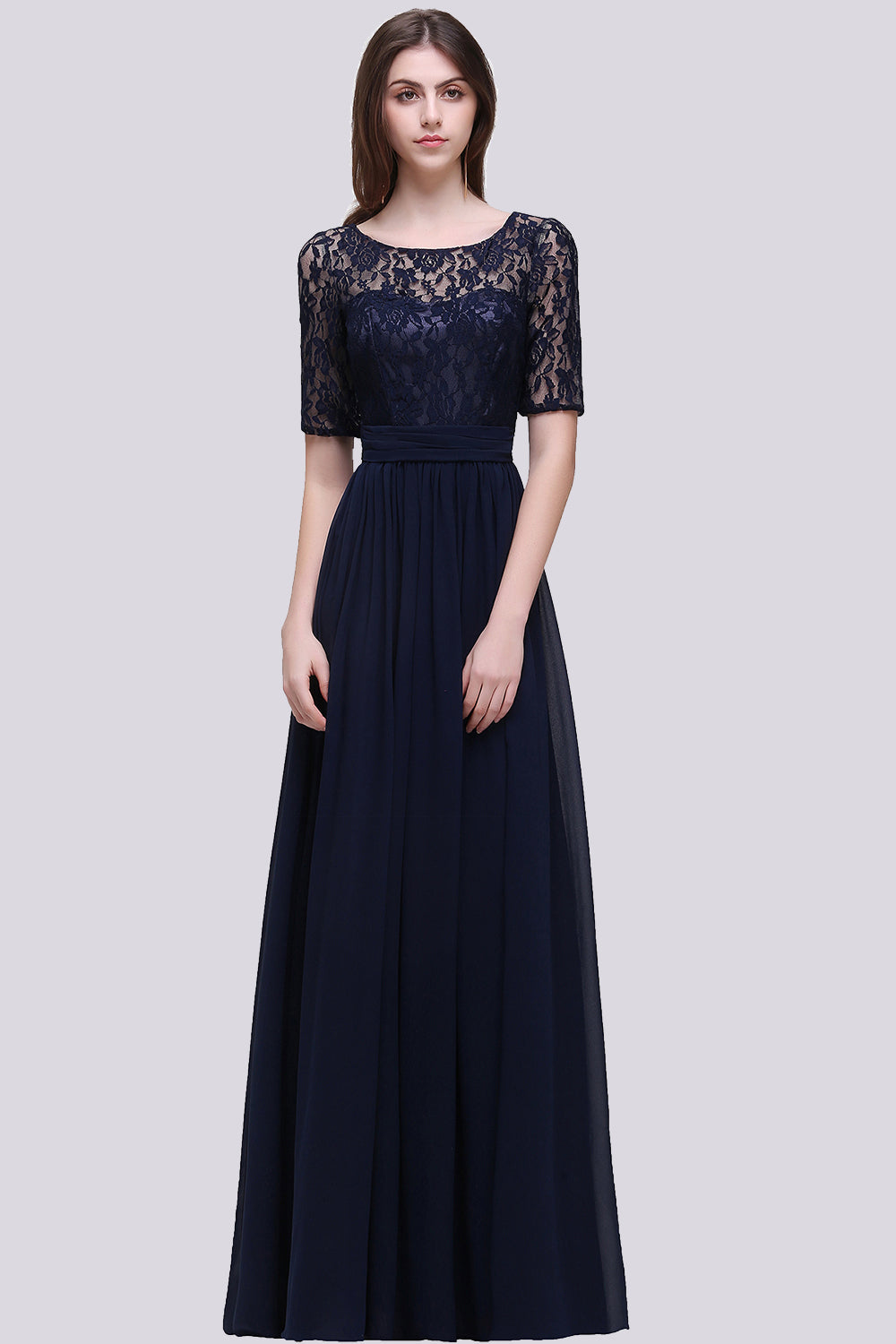 Elegant A-line Chiffon Lace Scoop Half Sleeve Floor Length Bridesmaid Dress