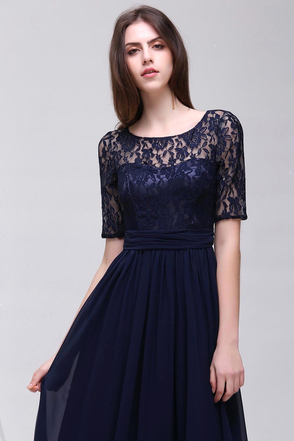 Elegant A-line Chiffon Lace Scoop Half Sleeve Floor Length Bridesmaid Dress