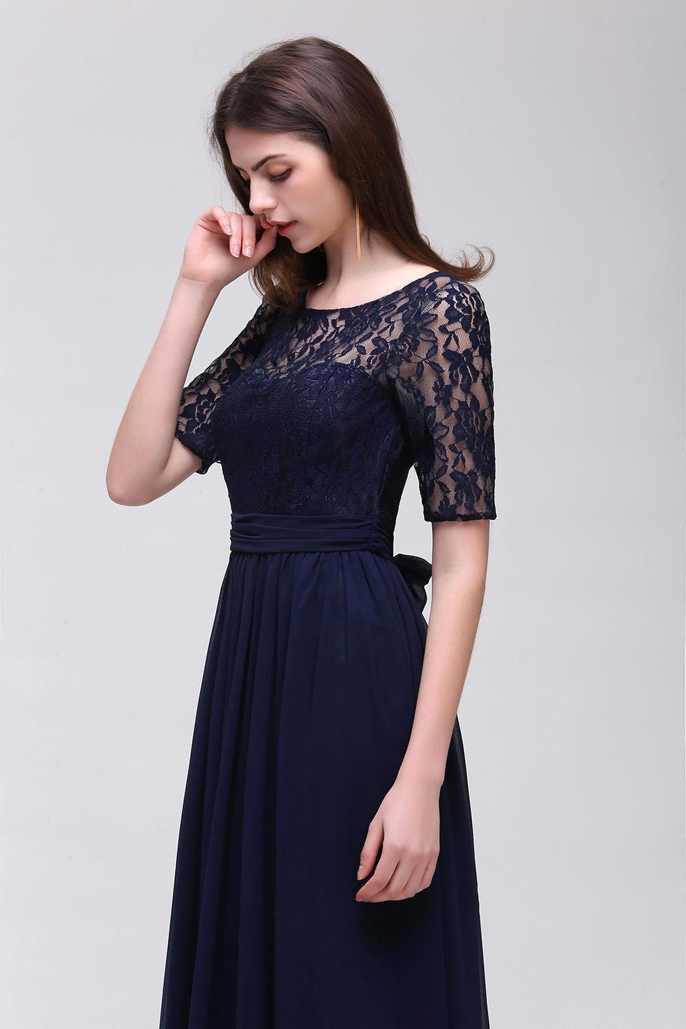 Elegant A-line Chiffon Lace Scoop Half Sleeve Floor Length Bridesmaid Dress