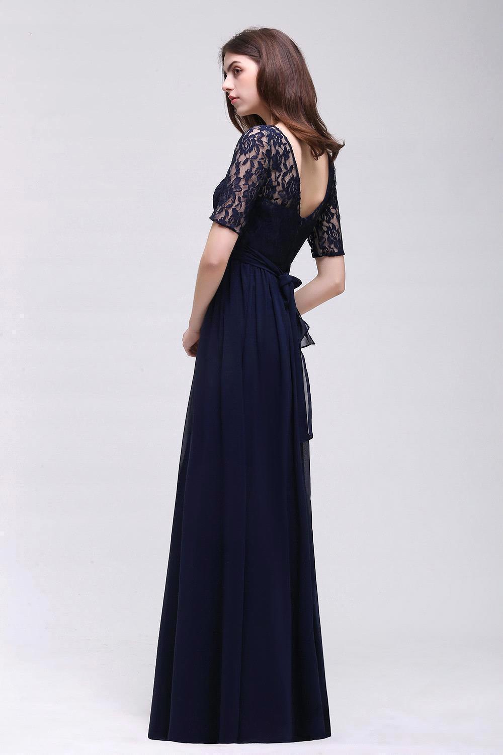Elegant A-line Chiffon Lace Scoop Half Sleeve Floor Length Bridesmaid Dress
