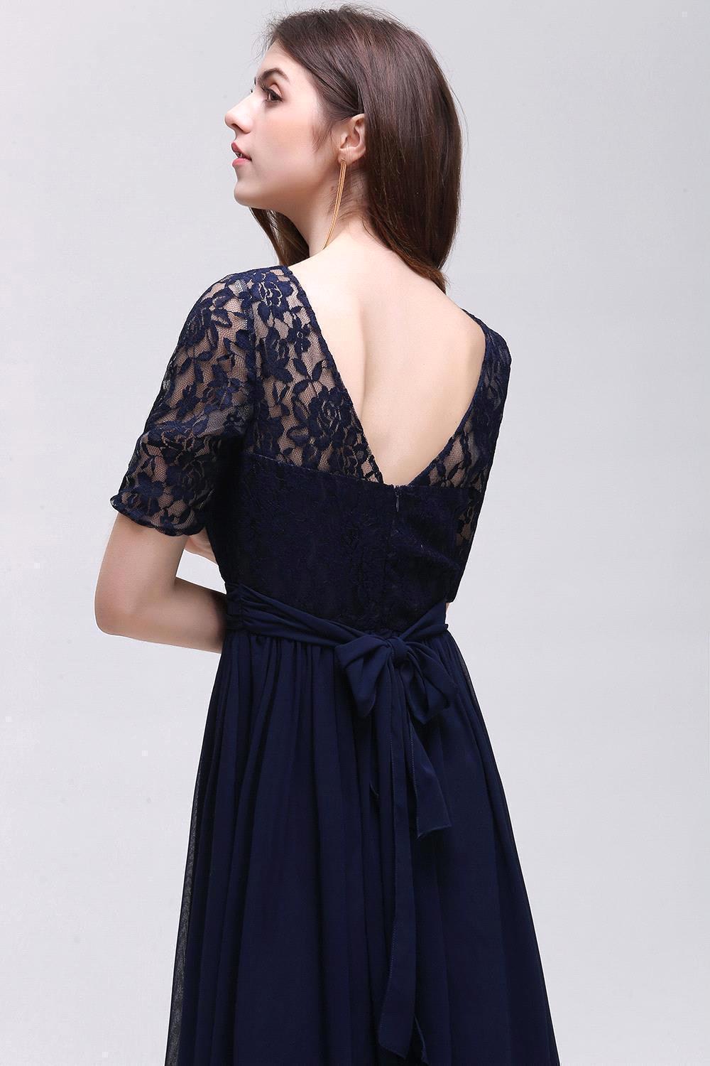 Elegant A-line Chiffon Lace Scoop Half Sleeve Floor Length Bridesmaid Dress