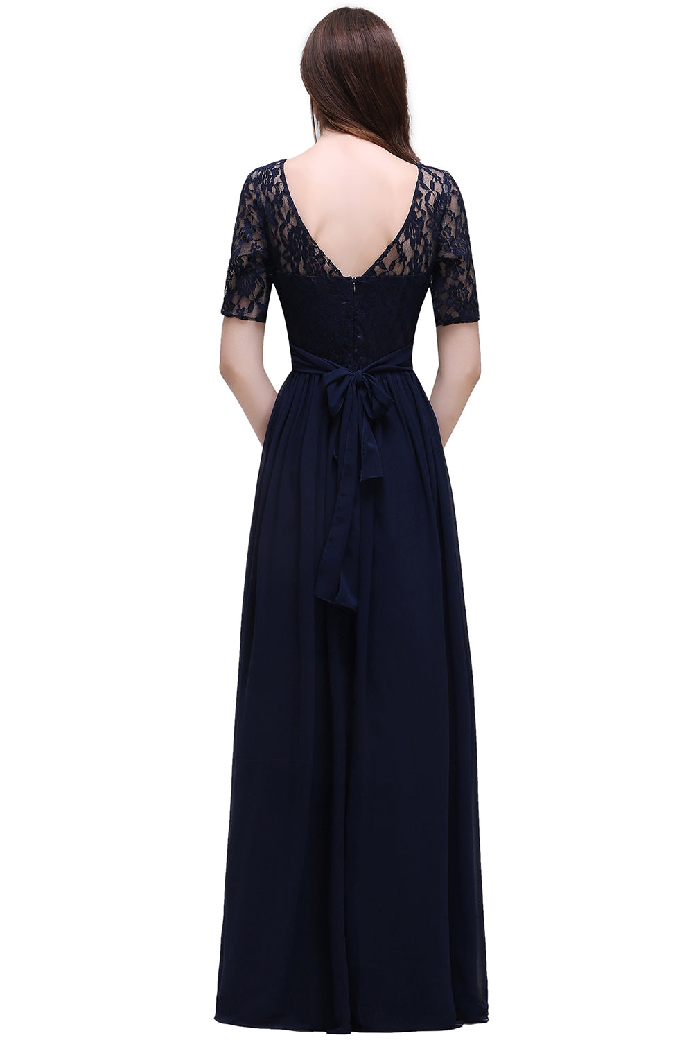 Elegant A-line Chiffon Lace Scoop Half Sleeve Floor Length Bridesmaid Dress