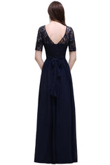 Elegant A-line Chiffon Lace Scoop Half Sleeve Floor Length Bridesmaid Dress