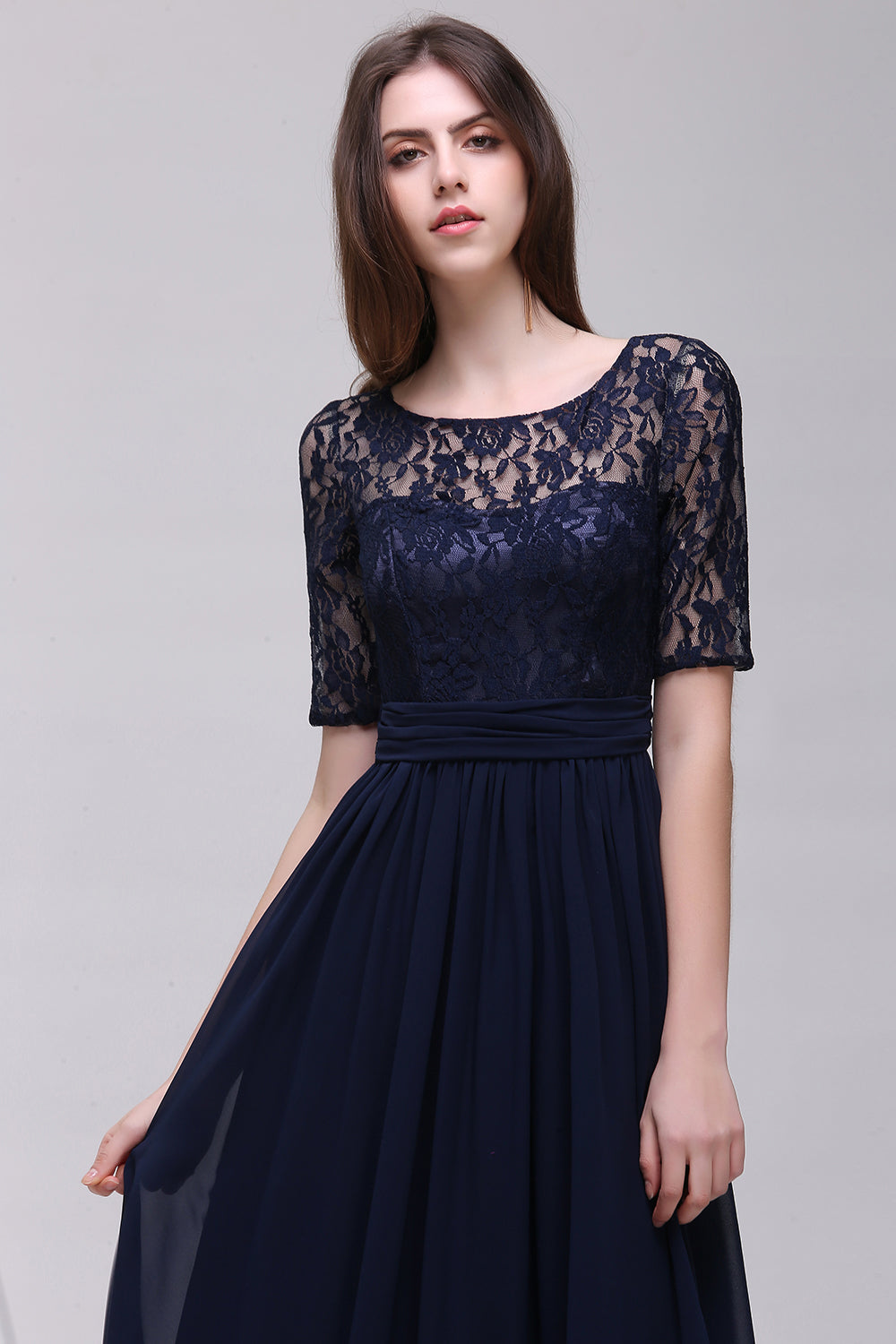 Elegant A-line Chiffon Lace Scoop Half Sleeve Floor Length Bridesmaid Dress