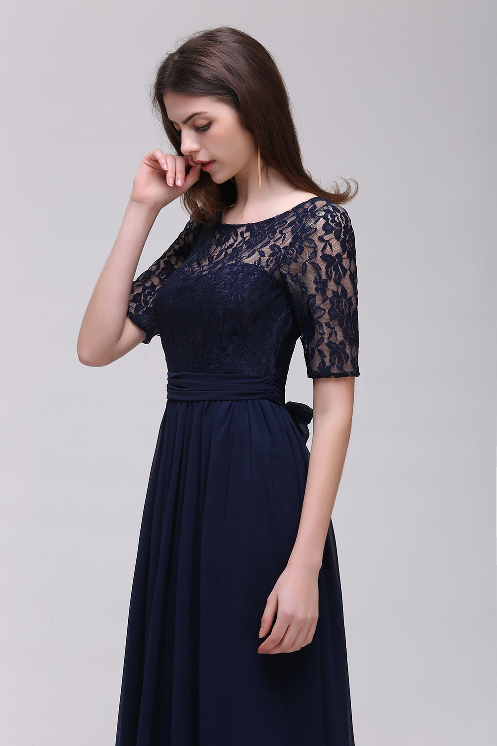 Elegant A-line Chiffon Lace Scoop Half Sleeve Floor Length Bridesmaid Dress