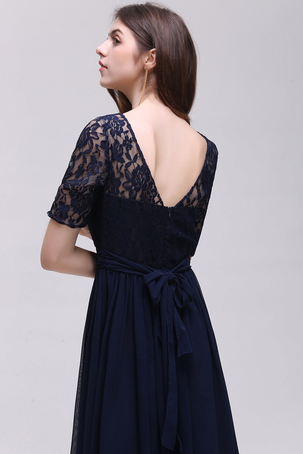 Elegant A-line Chiffon Lace Scoop Half Sleeve Floor Length Bridesmaid Dress