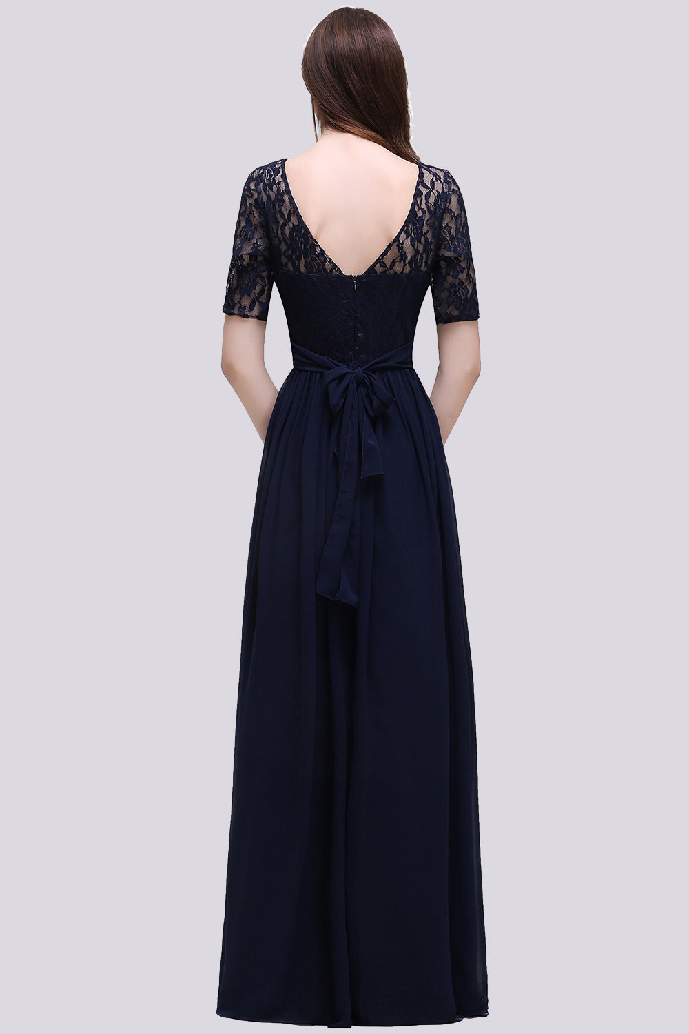 Elegant A-line Chiffon Lace Scoop Half Sleeve Floor Length Bridesmaid Dress