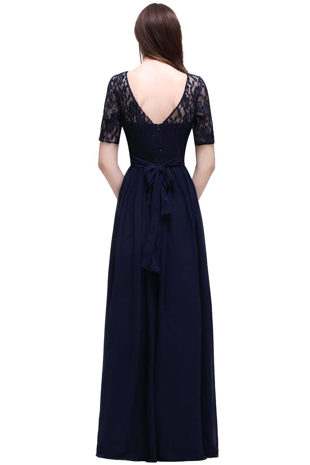 Elegant A-line Chiffon Lace Scoop Half Sleeve Floor Length Bridesmaid Dress