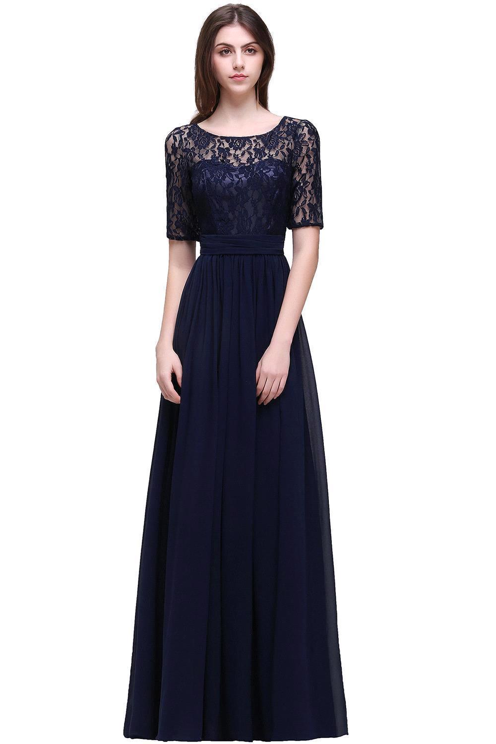 Elegant A-line Chiffon Lace Scoop Half Sleeve Floor Length Bridesmaid Dress