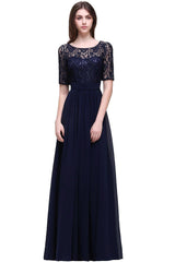 Elegant A-line Chiffon Lace Scoop Half Sleeve Floor Length Bridesmaid Dress