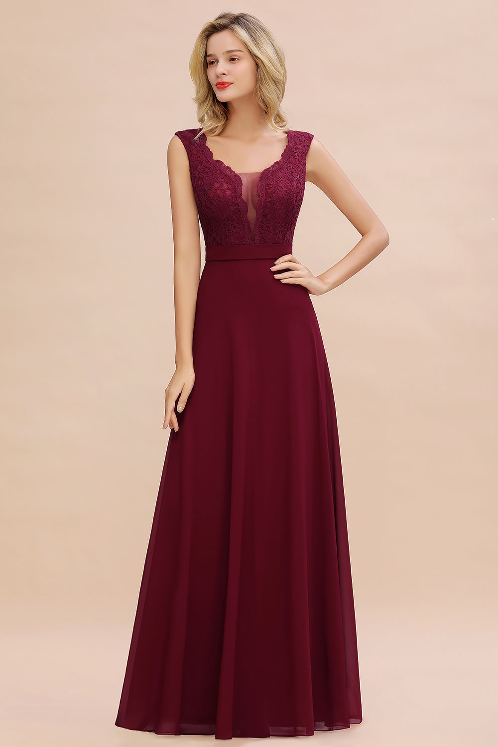 Elegant A-line Chiffon Lace V-Neck Sleeveless Floor Length Bridesmaid Dress