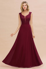 Elegant A-line Chiffon Lace V-Neck Sleeveless Floor Length Bridesmaid Dress