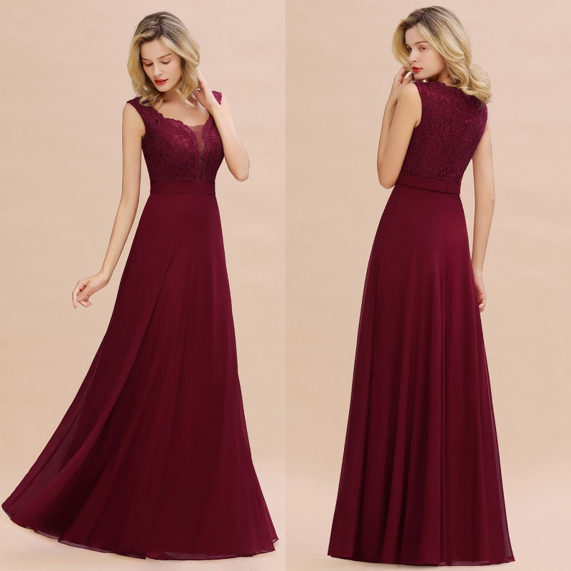 Elegant A-line Chiffon Lace V-Neck Sleeveless Floor Length Bridesmaid Dress
