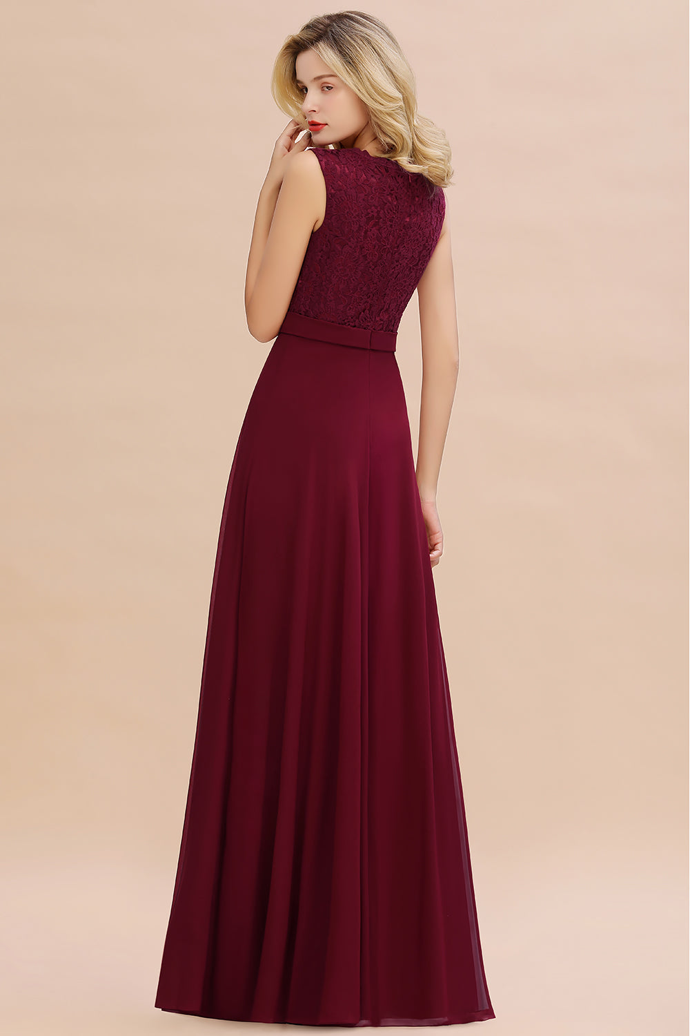 Elegant A-line Chiffon Lace V-Neck Sleeveless Floor Length Bridesmaid Dress