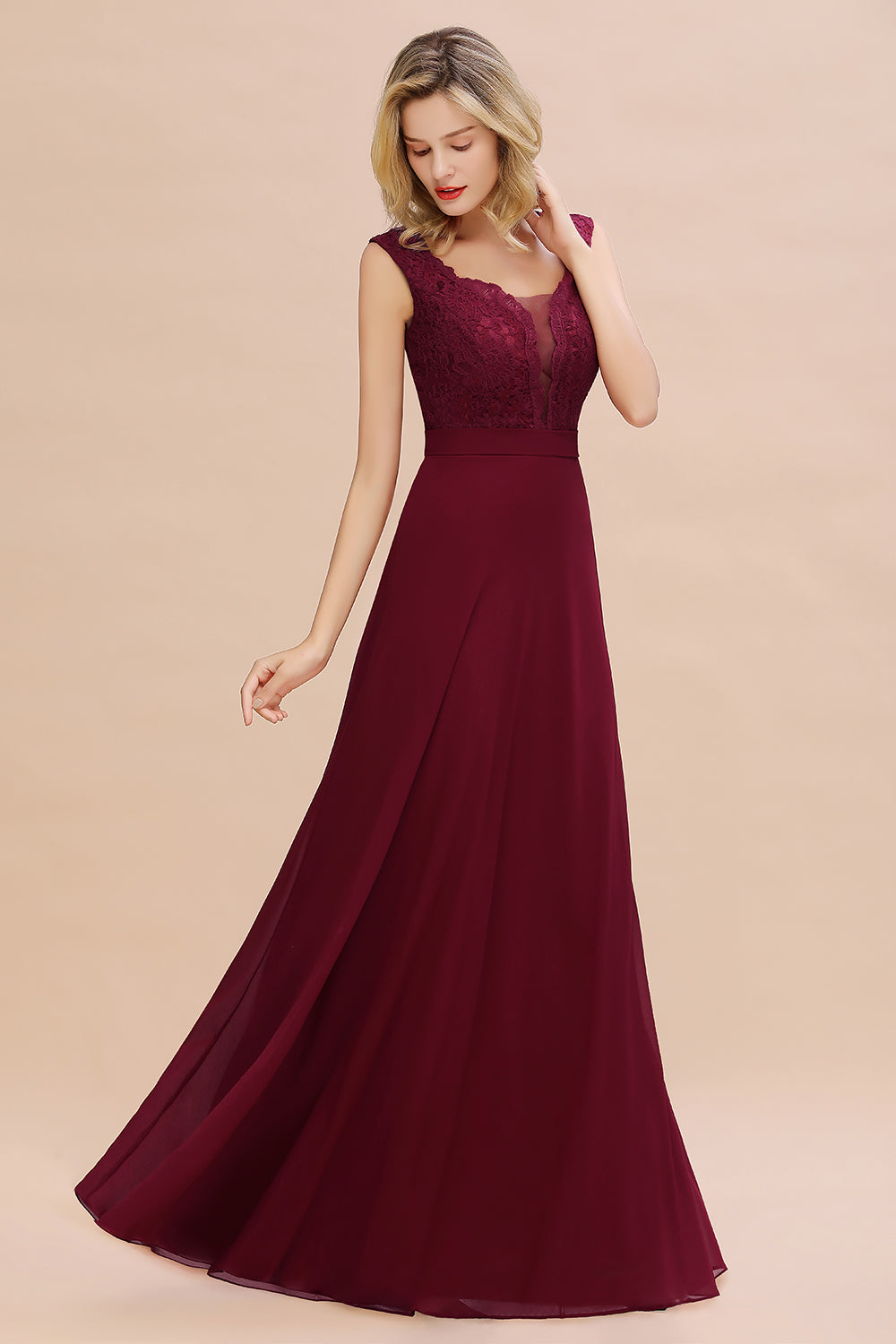 Elegant A-line Chiffon Lace V-Neck Sleeveless Floor Length Bridesmaid Dress