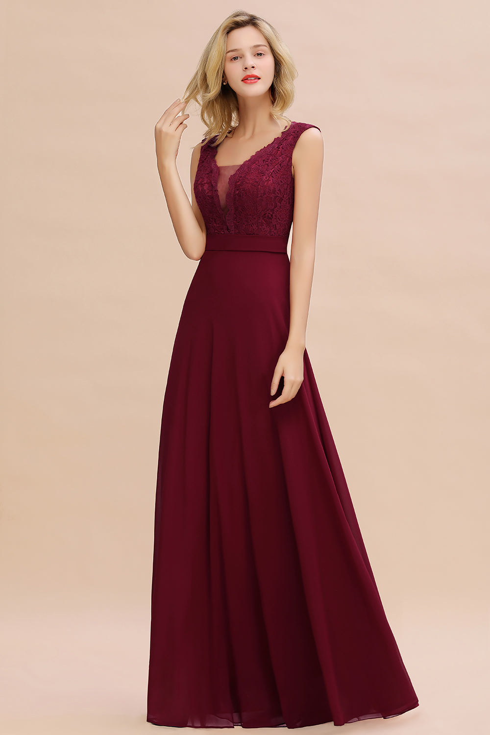 Elegant A-line Chiffon Lace V-Neck Sleeveless Floor Length Bridesmaid Dress