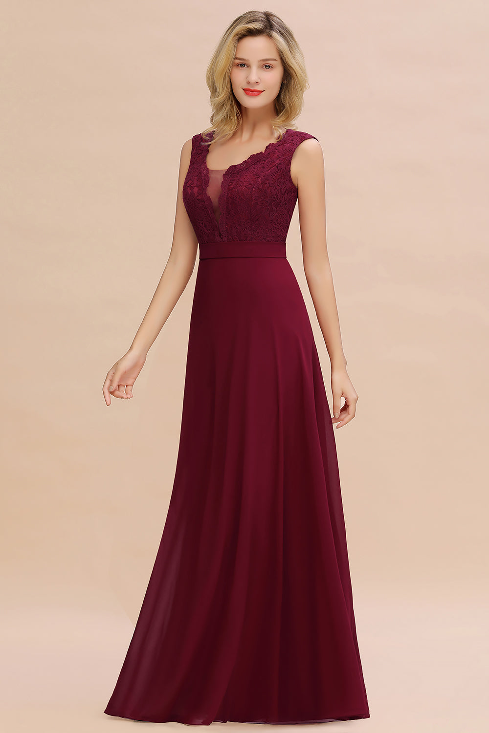Elegant A-line Chiffon Lace V-Neck Sleeveless Floor Length Bridesmaid Dress