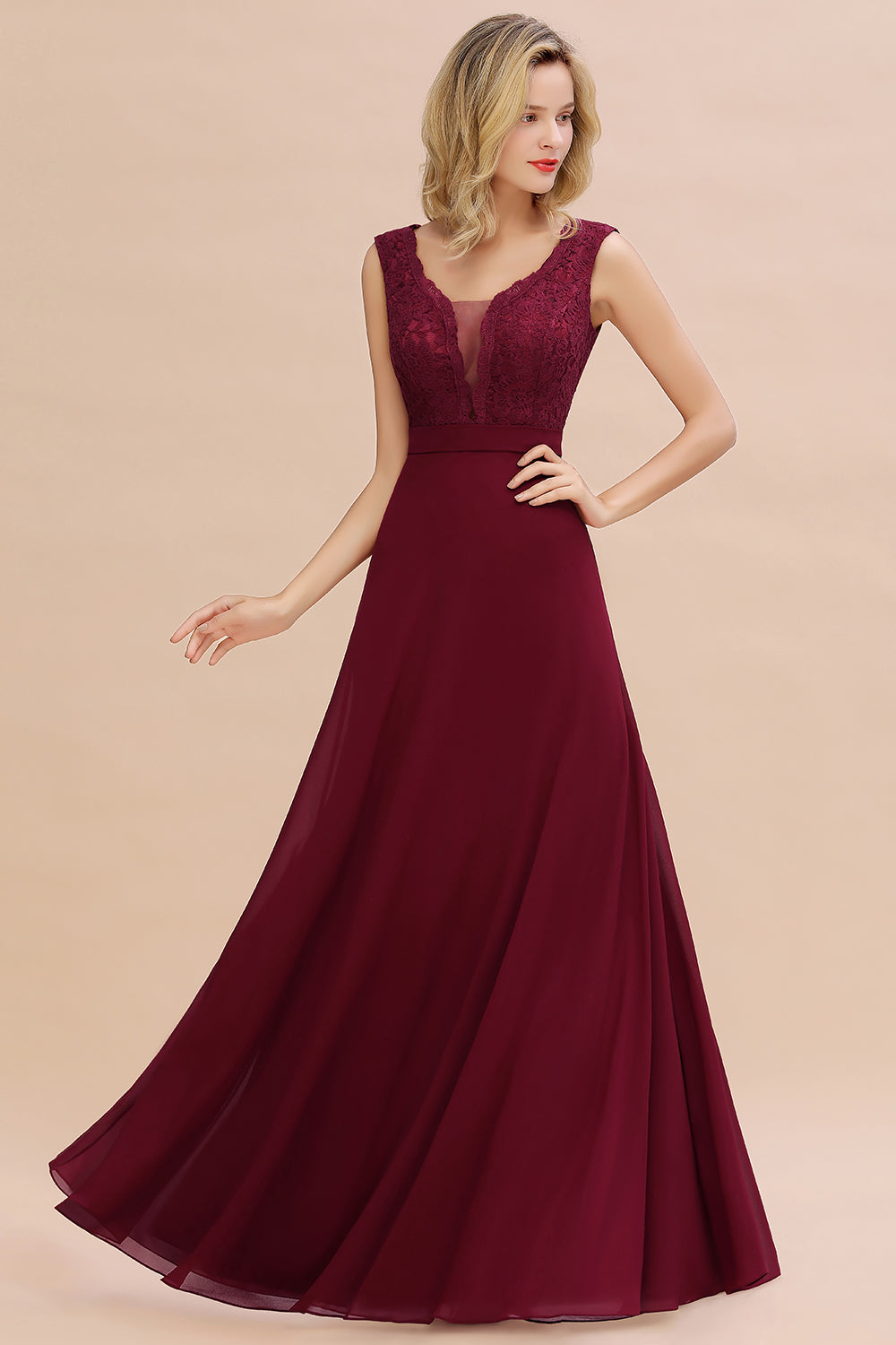 Elegant A-line Chiffon Lace V-Neck Sleeveless Floor Length Bridesmaid Dress