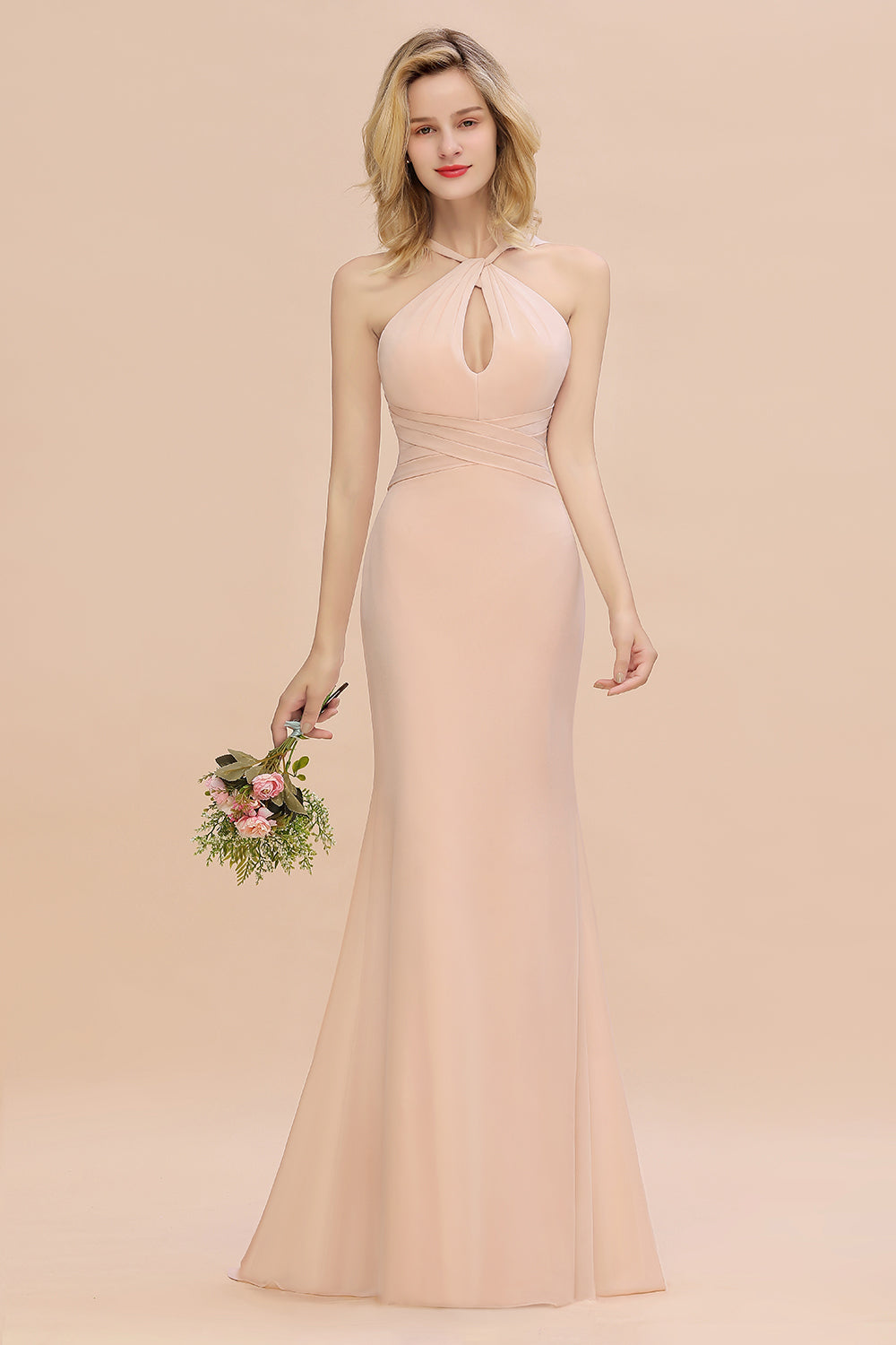Elegant A-line Halter Keyhole Backless Floor Length Chiffon Bridesmaid Dresses
