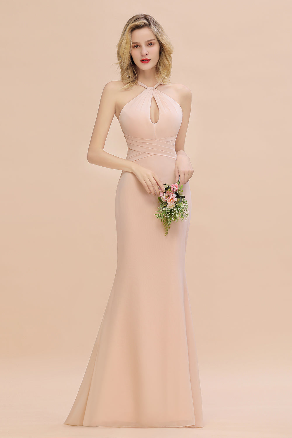 Elegant A-line Halter Keyhole Backless Floor Length Chiffon Bridesmaid Dresses